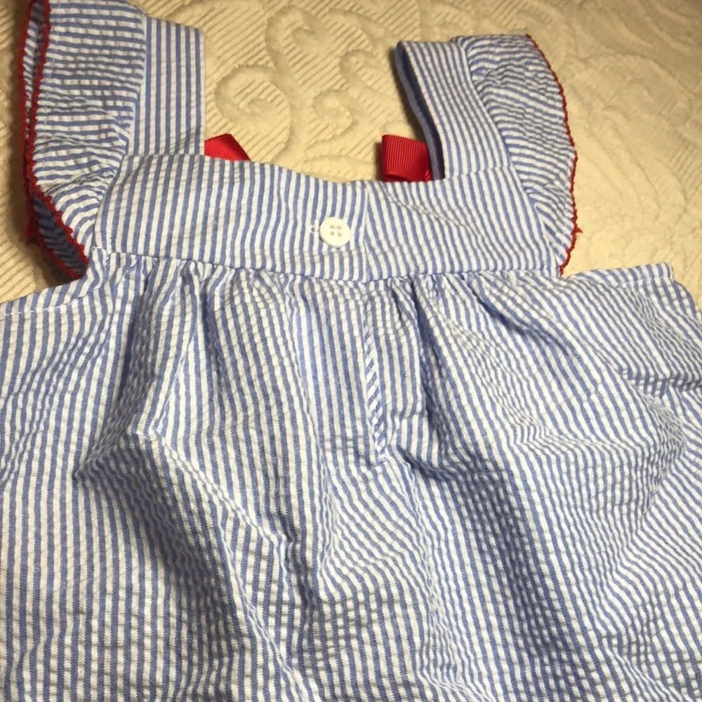 Goodlad crepe baby Blue and White Striped crepe one piece with Red Crab Design